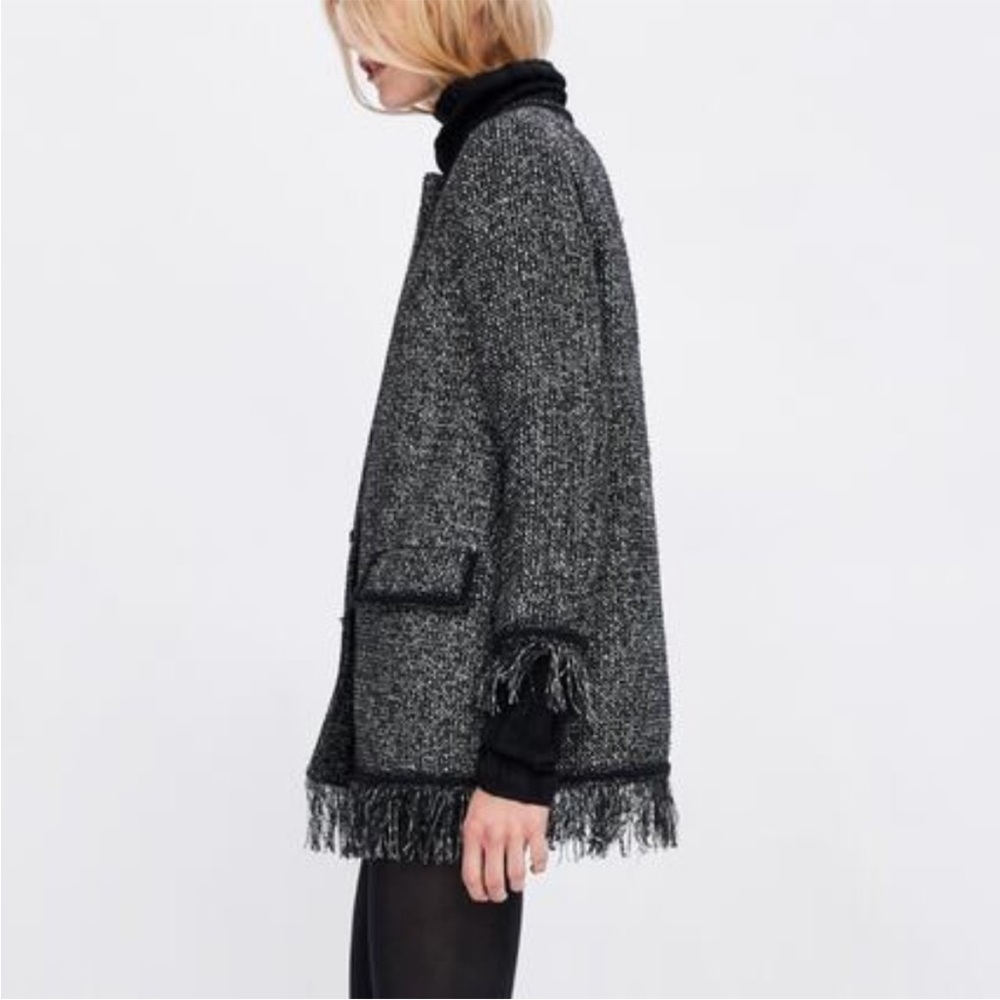 🎉3X HOST PICK🎉 Zara Black & Silver Tweed Jacket with Fringe Trim - Picture 9 of 11